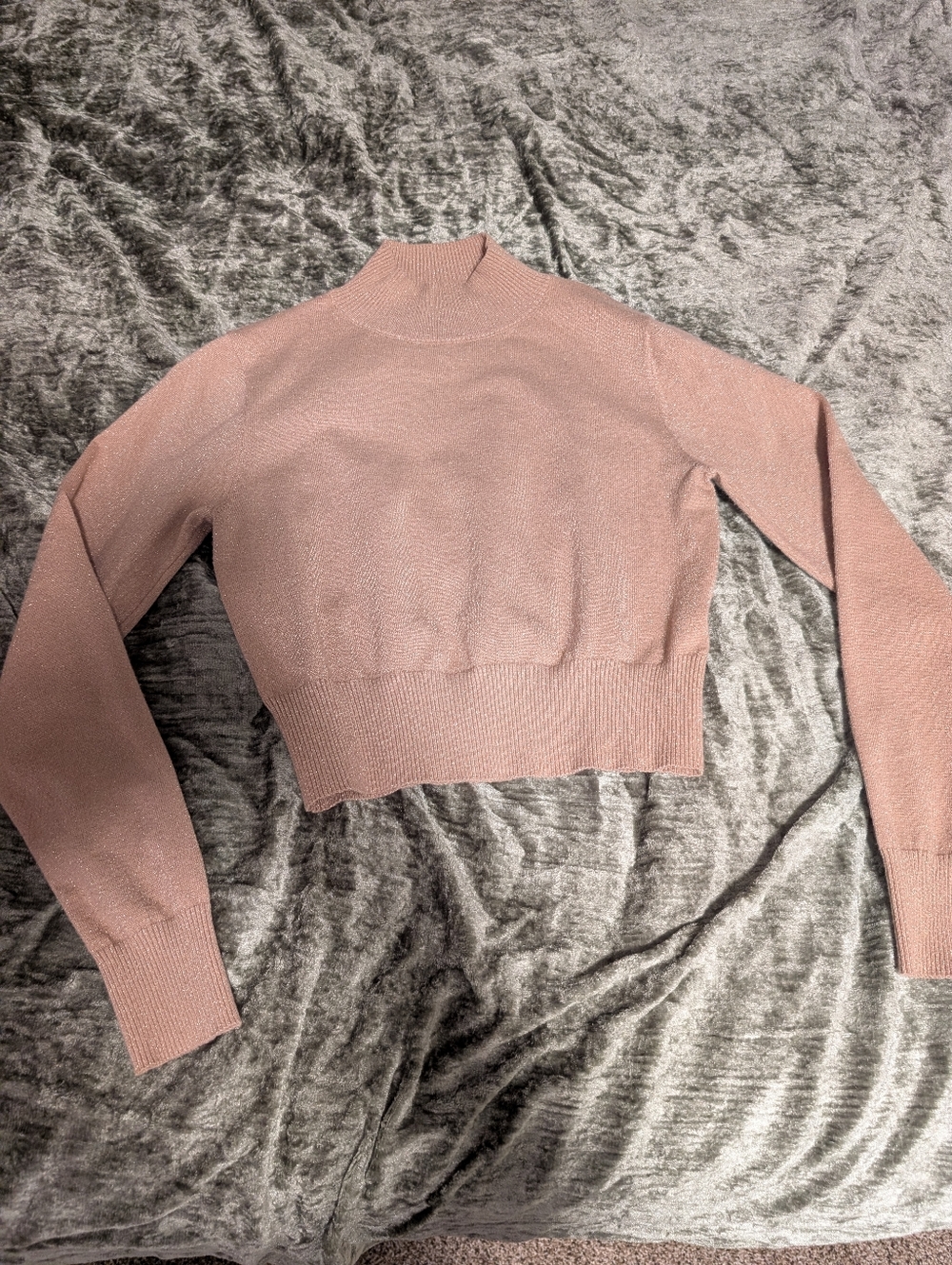 Shimmery Cropped Mock Neck Sweater - Beige